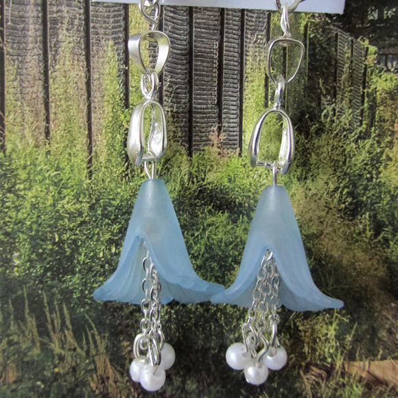18K WG Plated Flower Earrings with Dangling Pearls - Picture 2 of 4